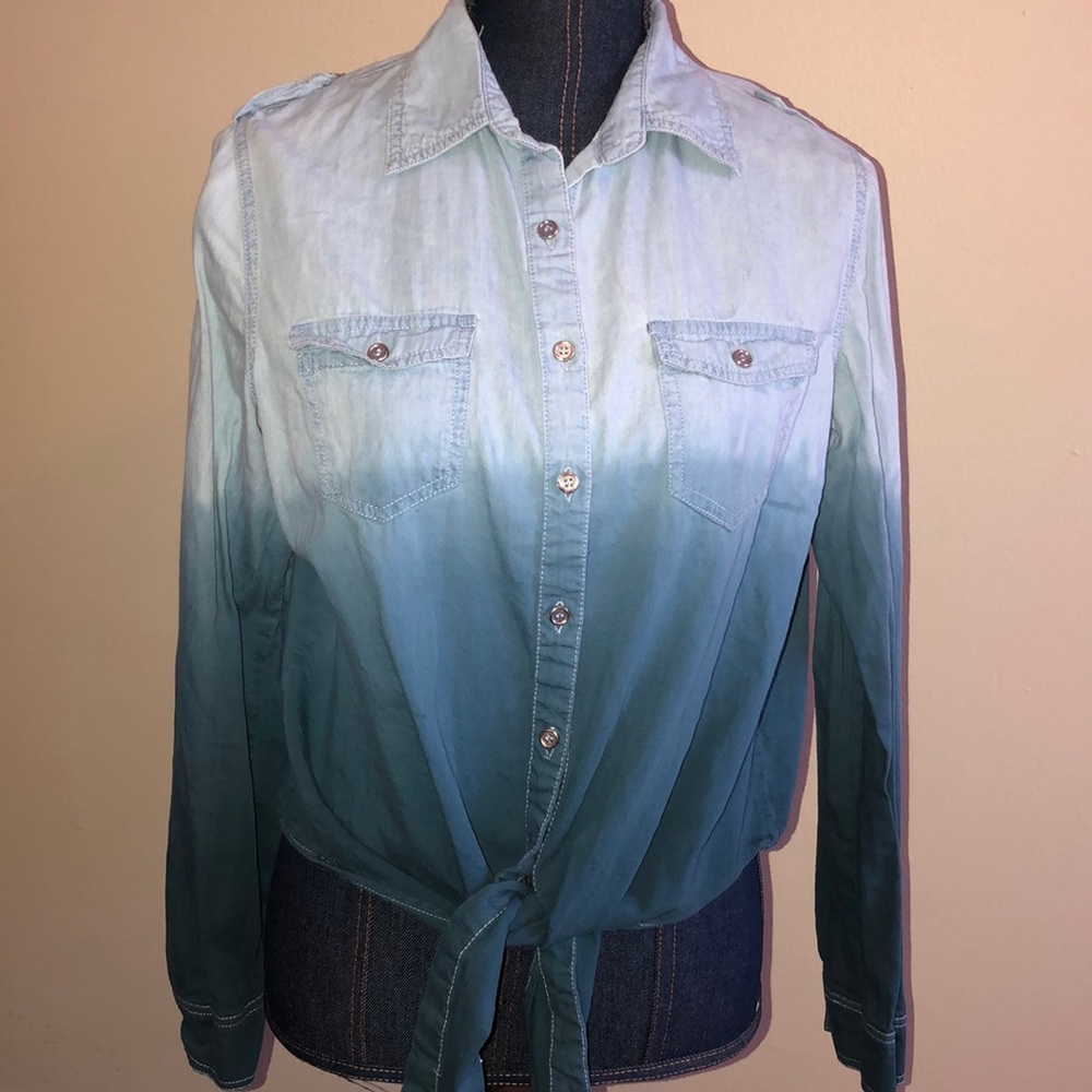 Cello Denimwear Ombré l/s tie front button down L